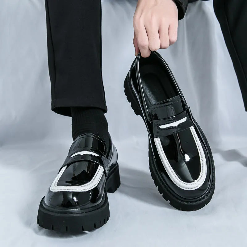 Men's chunky heel platform leather shoes in bright black with round toe and low tube design