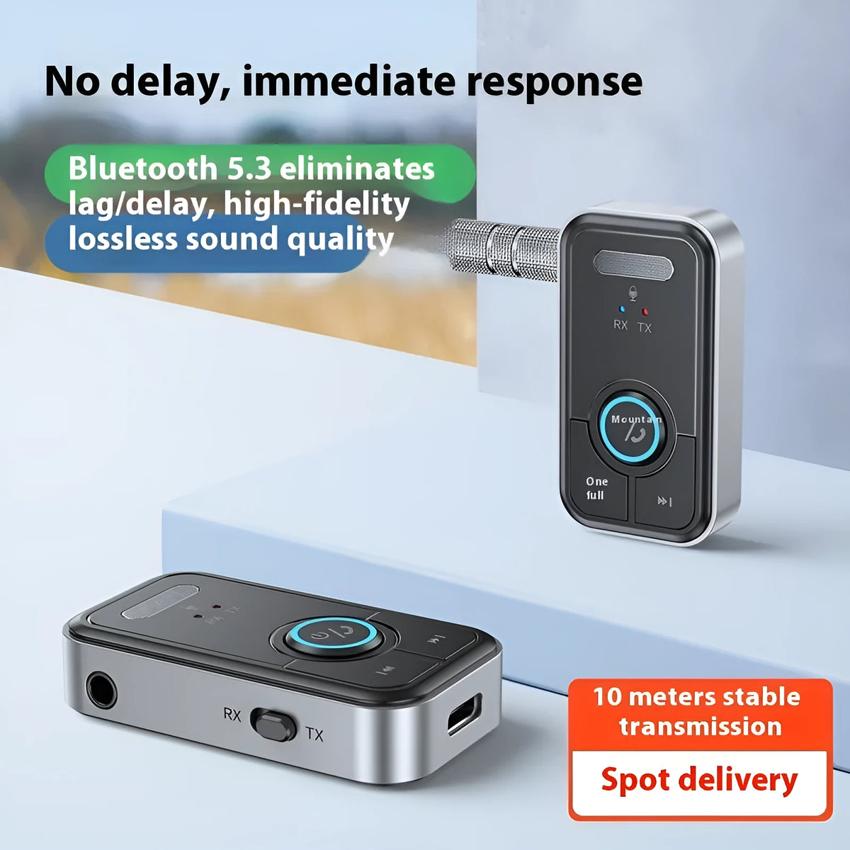 Bluetooth 5.3 audio receiver and transmitter with 3.5mm interface, Type-C power, 300mAh battery and 57x33x13.5mm body