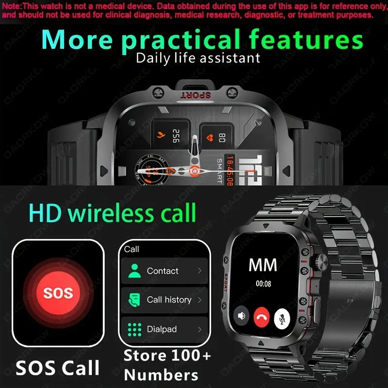 Sports outdoor Bluetooth calling watch with TFT screen, black silicone strap, showing heart rate monitoring display