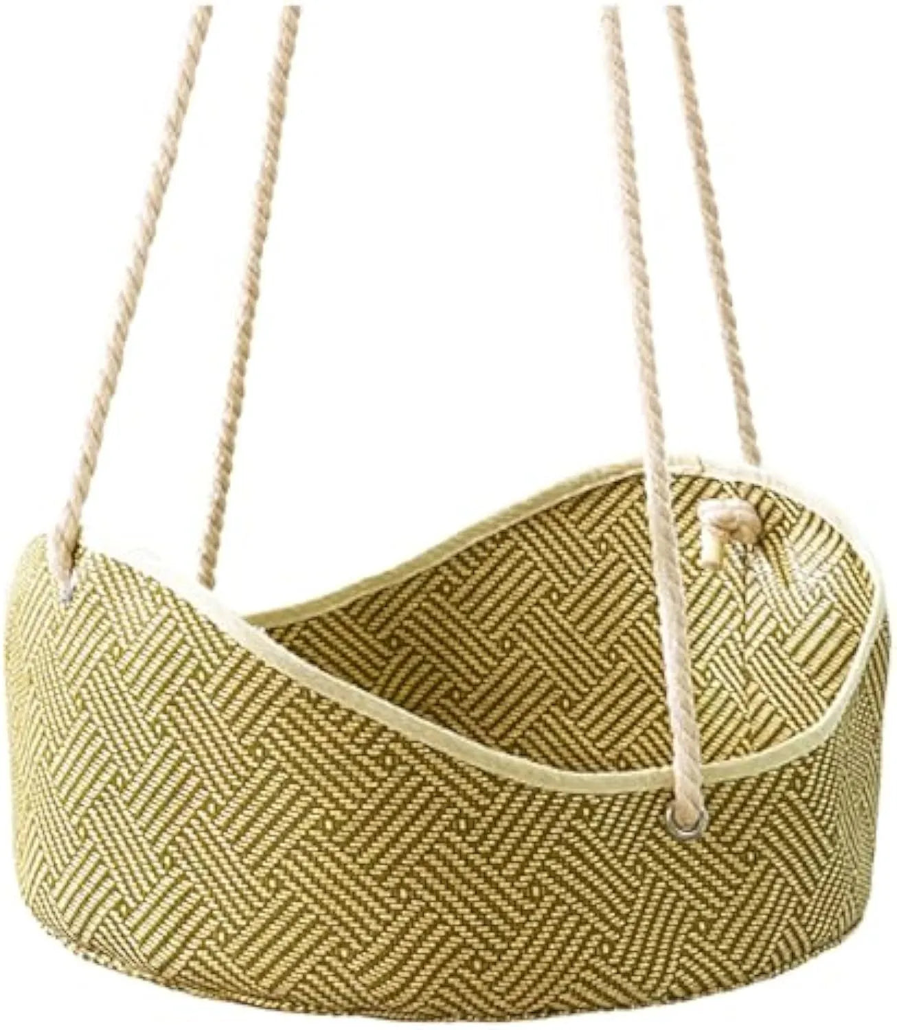 Green rattan cat hammock with metal hooks hanging from a shelf