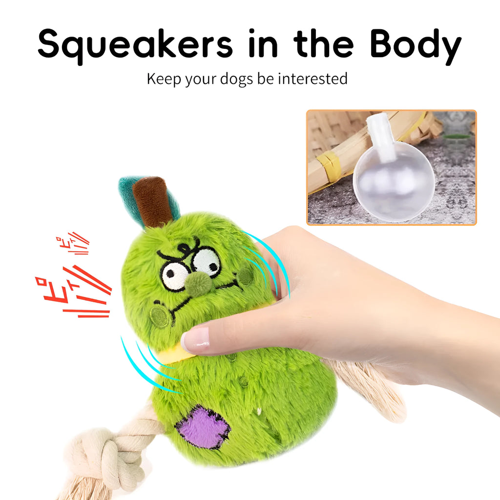 Green and purple interactive dog plush rope knot tug of war toy with bite-resistant design.