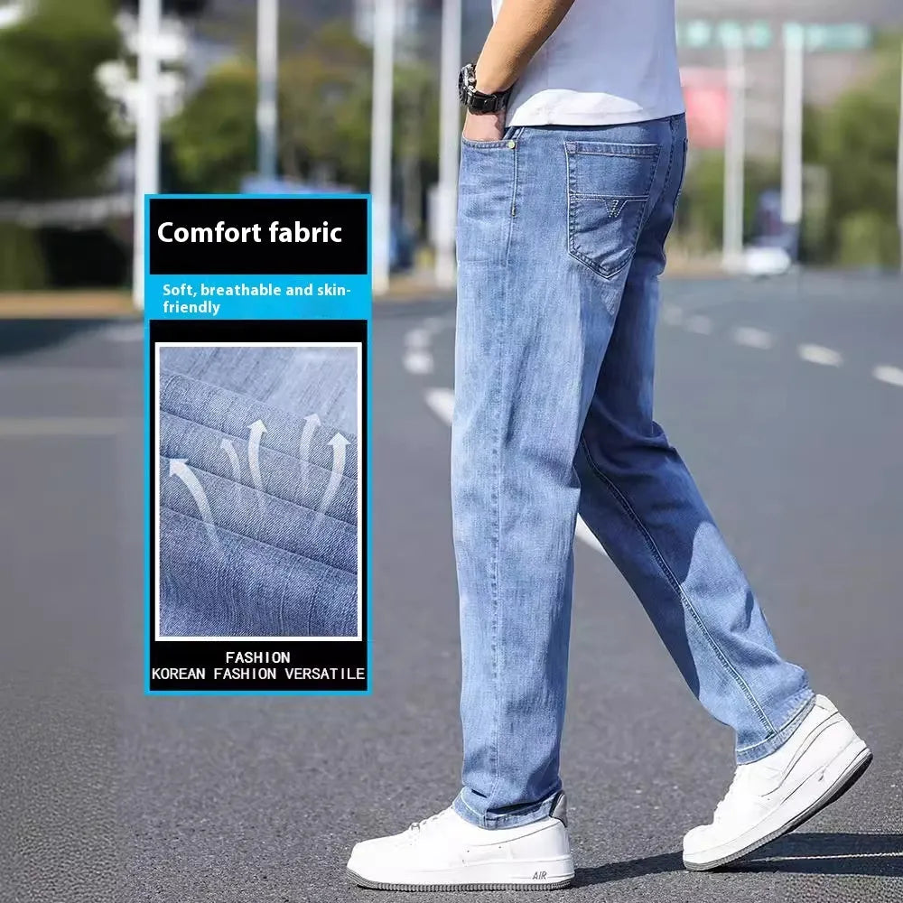 Thin stretch business casual tapered trousers in cotton denim fabric