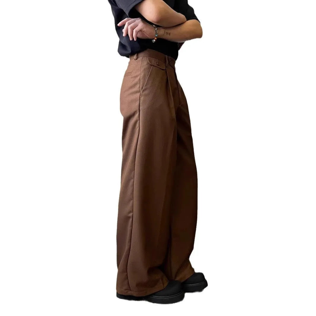 Men's solid colour drape casual trousers with straight-leg loose fit in polyester blend fabric