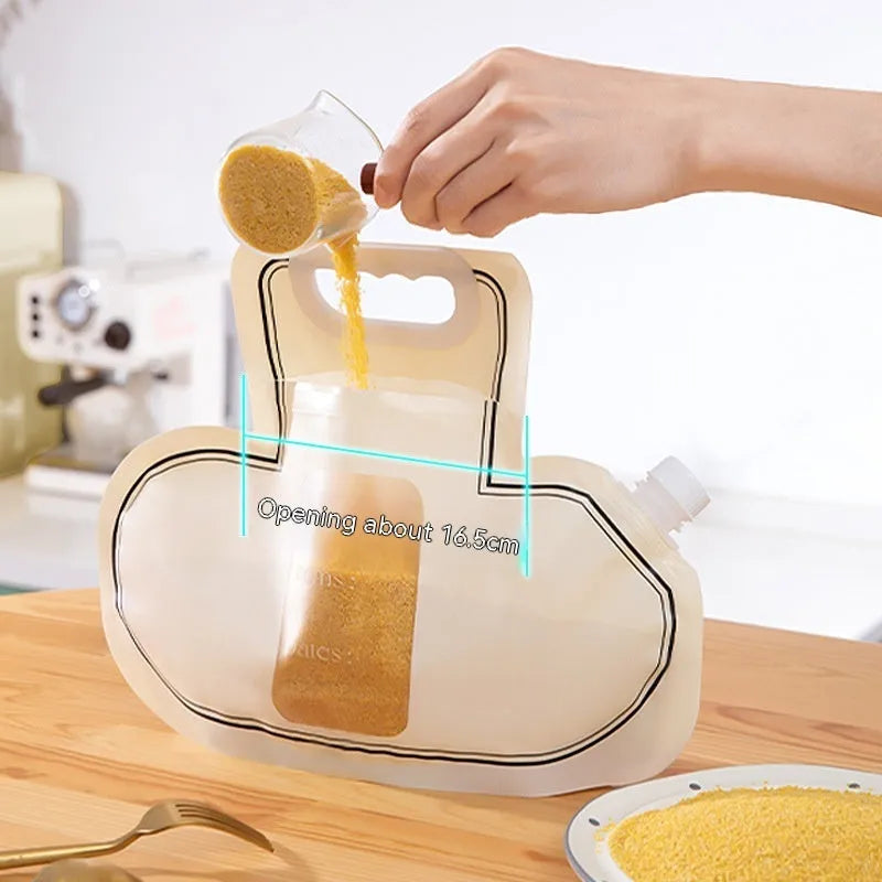 Cream grain storage bag with large diameter opening on a kitchen counter, 26.5x34.6cm food-grade PE