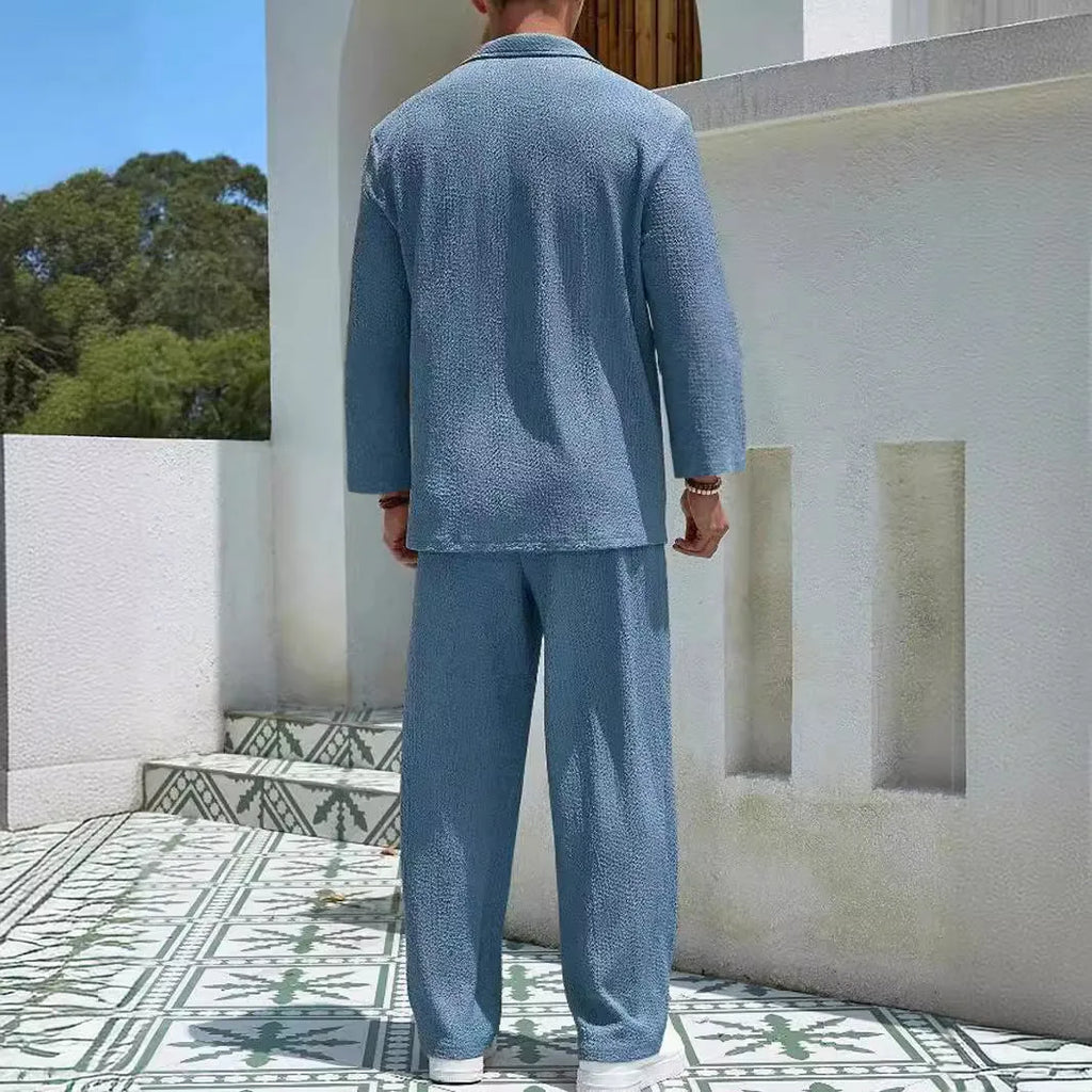 Men's casual shirt trousers commuter suit set in lake blue colour