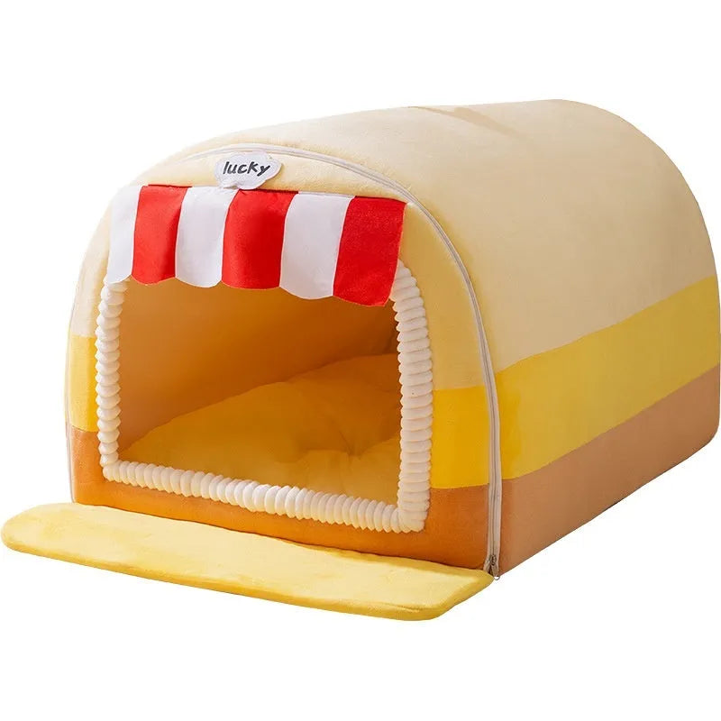 Rectangular bolster dog bed in L size (50x40x35cm) with painted fabric in a rock yellow lucky pattern.