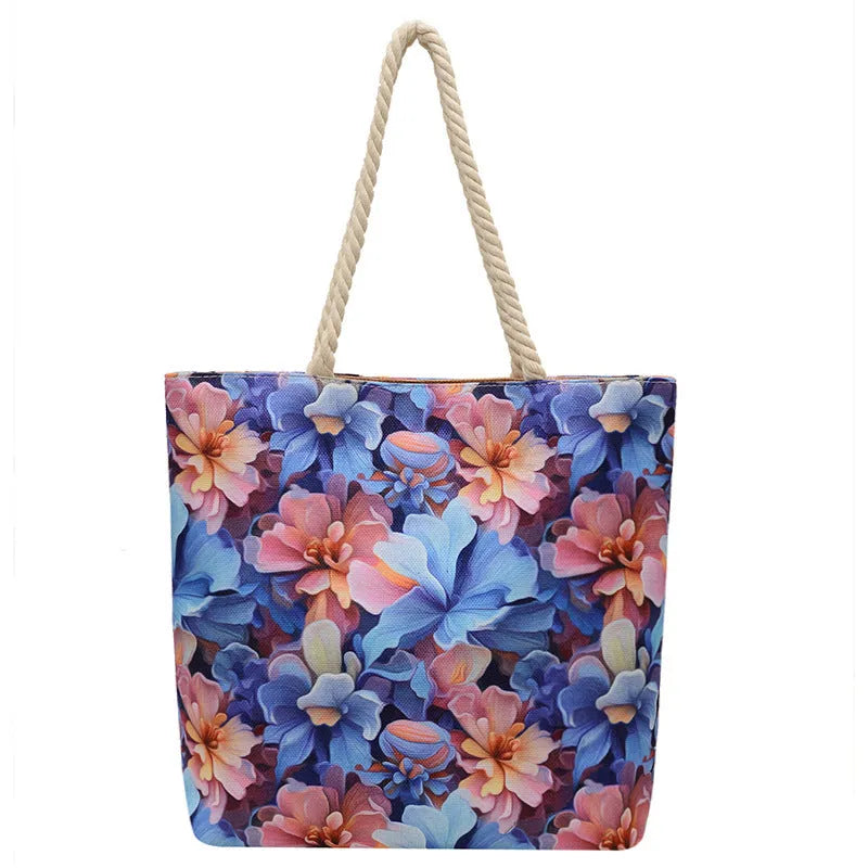 A soft cotton and linen string shoulder handbag with two straps and an open outer pocket.