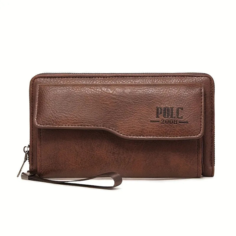 New men's long zipper wallet in black with multiple card slots and large capacity for mobile phone