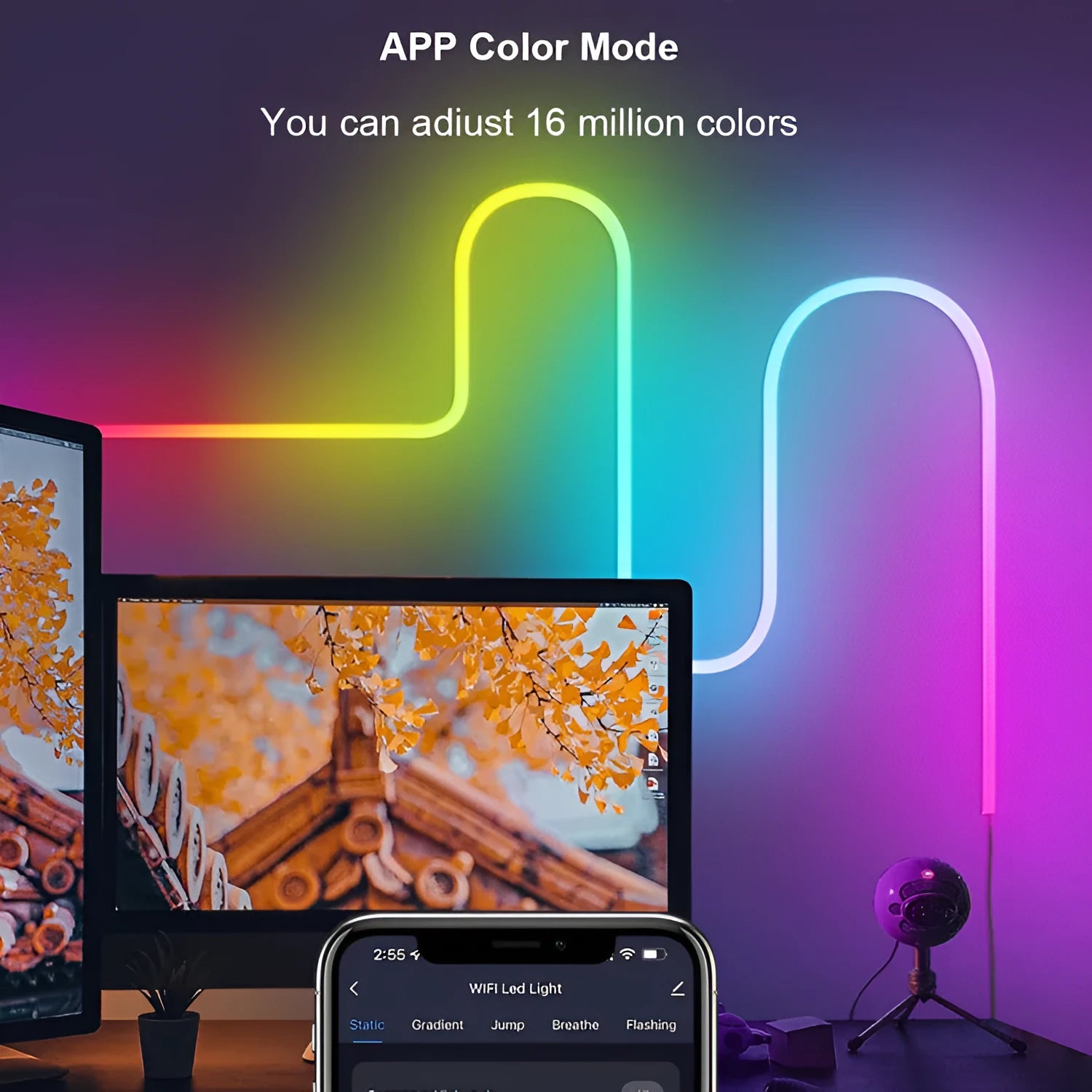 3-metre long RGB LED neon light strip with remote control on a white background.