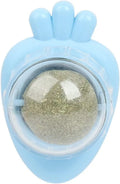 Blue carrot-shaped catnip dental toy with adhesive backing for wall mounting
