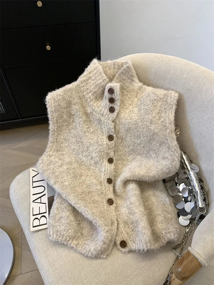 Women's solid colour high-neck sleeveless knitted vest in oatmeal, lamb wool and chenille fabric, Korean-style cardigan