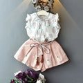 Girls' cotton sleeveless blouse and shorts two-piece set with dot print and bow, green and pink options for 100-140cm height