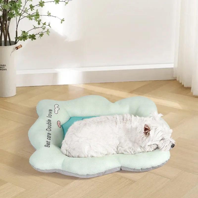 Green and pink ice silk pet cooling mat shown in four sizes for small to medium dogs and cats.