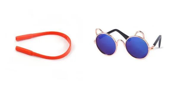 Cat wearing metal frame sunglasses in black with reflective lenses