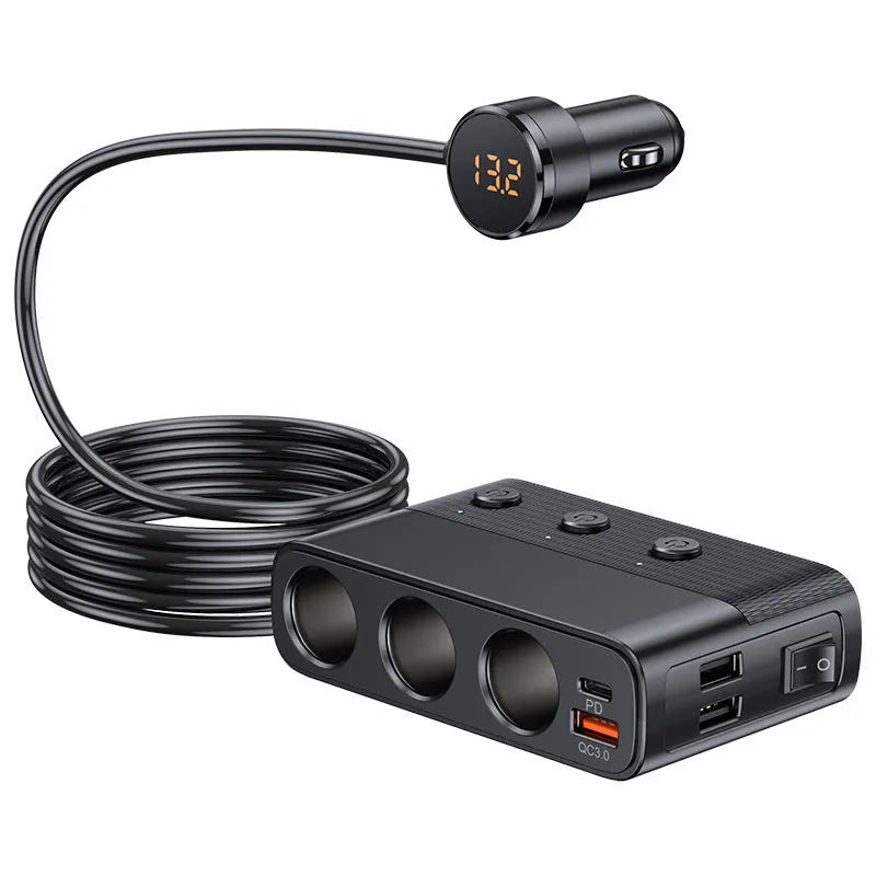 Black car USB charging adapter with multiple ports showing cigarette lighter plug and 1 metre cable