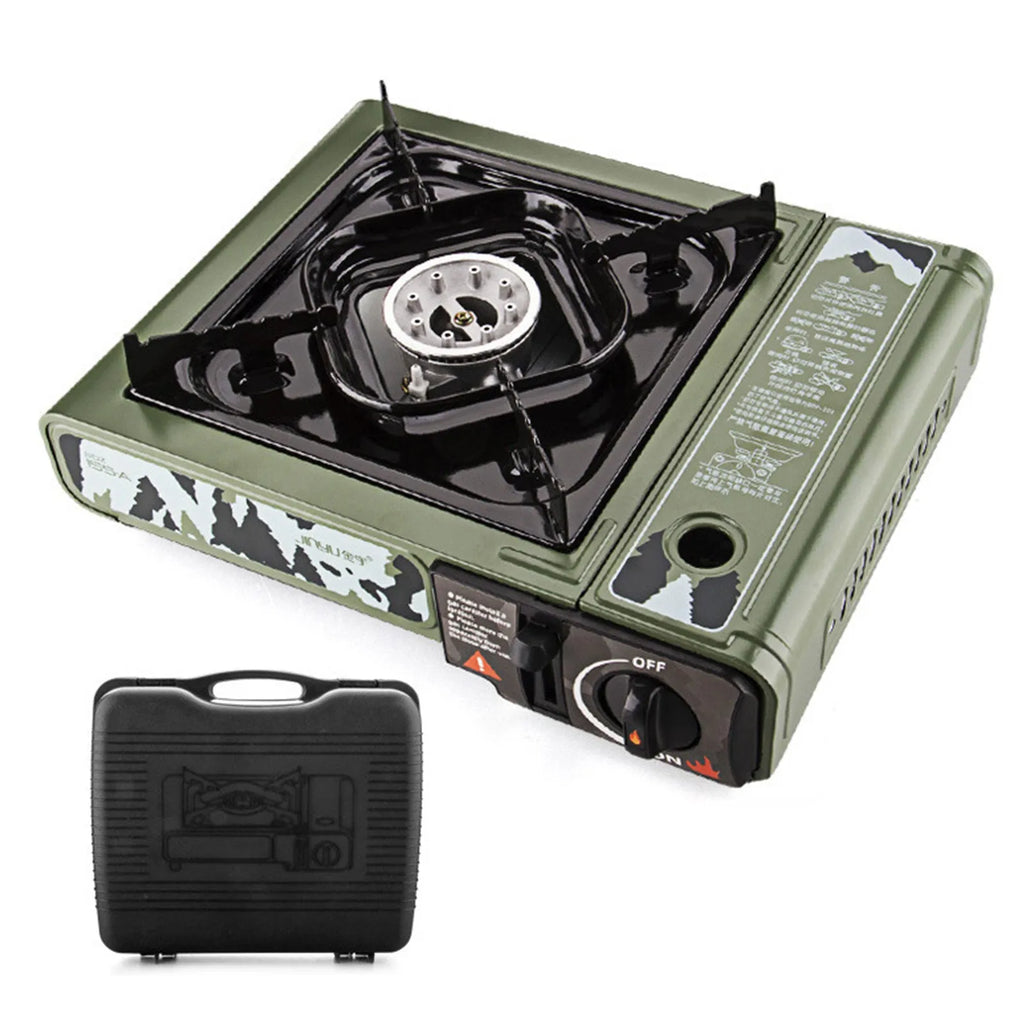 Portable gas stove in camouflage green with barbecue and hot pot function, suitcase, and stainless steel windshield