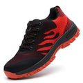 Red protective work shoes with steel toe cap and breathable mesh upper, low-top safety footwear