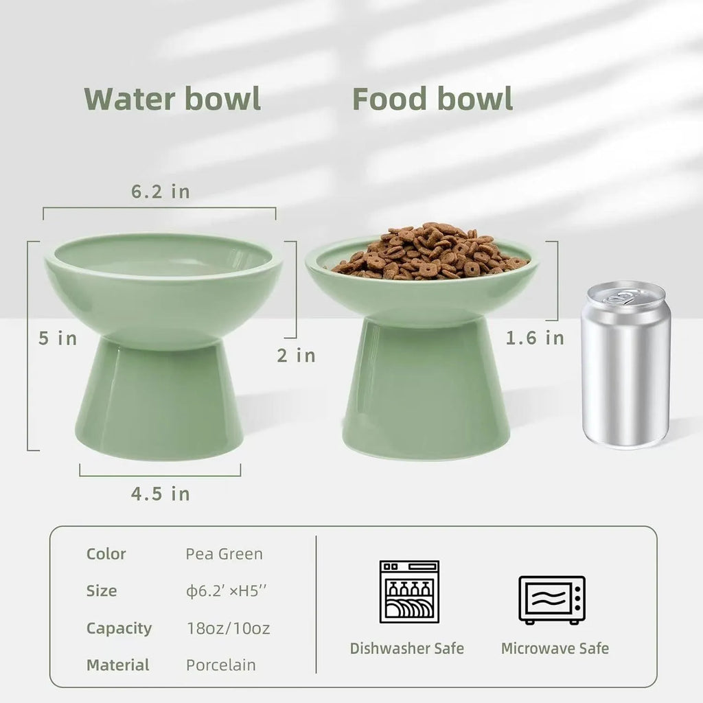 Ceramic elevated cat food and water bowl set in blue, showing wide shallow dish and raised base.