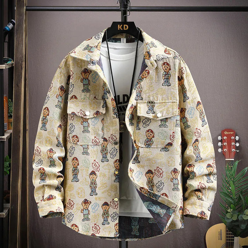 Men's casual lapel shirt coat in a blue colour variant, showing long sleeves and straight hem design.