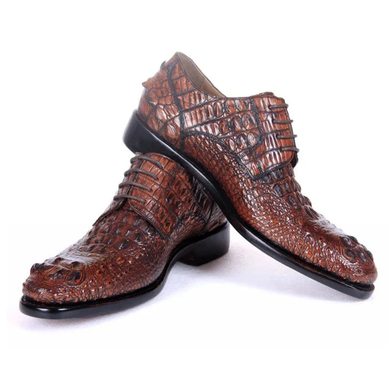 Men's brown crocodile skin leather business dress shoes with leather sole, side view