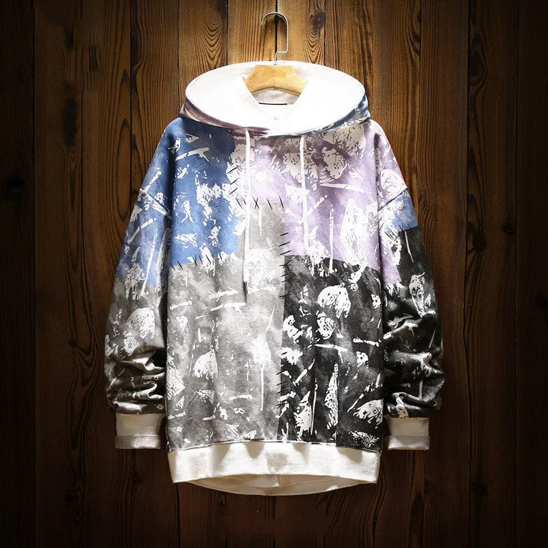 Men's graffiti pattern hooded sweater with contrast stitching in purple, loose fit, front view