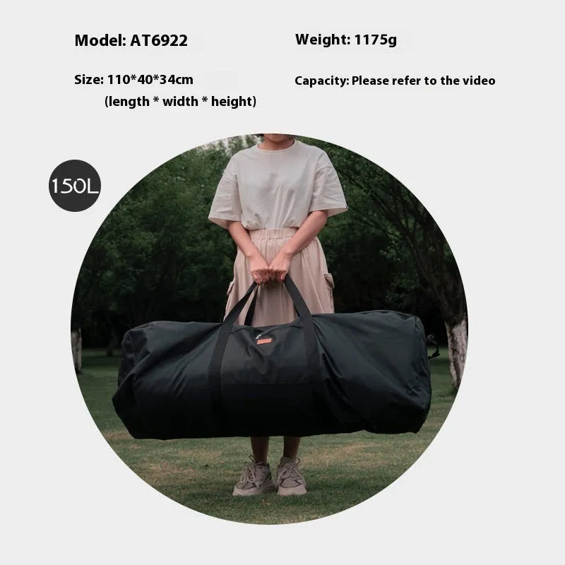 Green and grey waterproof storage bag for camping tents and folding chairs, shown with gear inside and folded compactly.