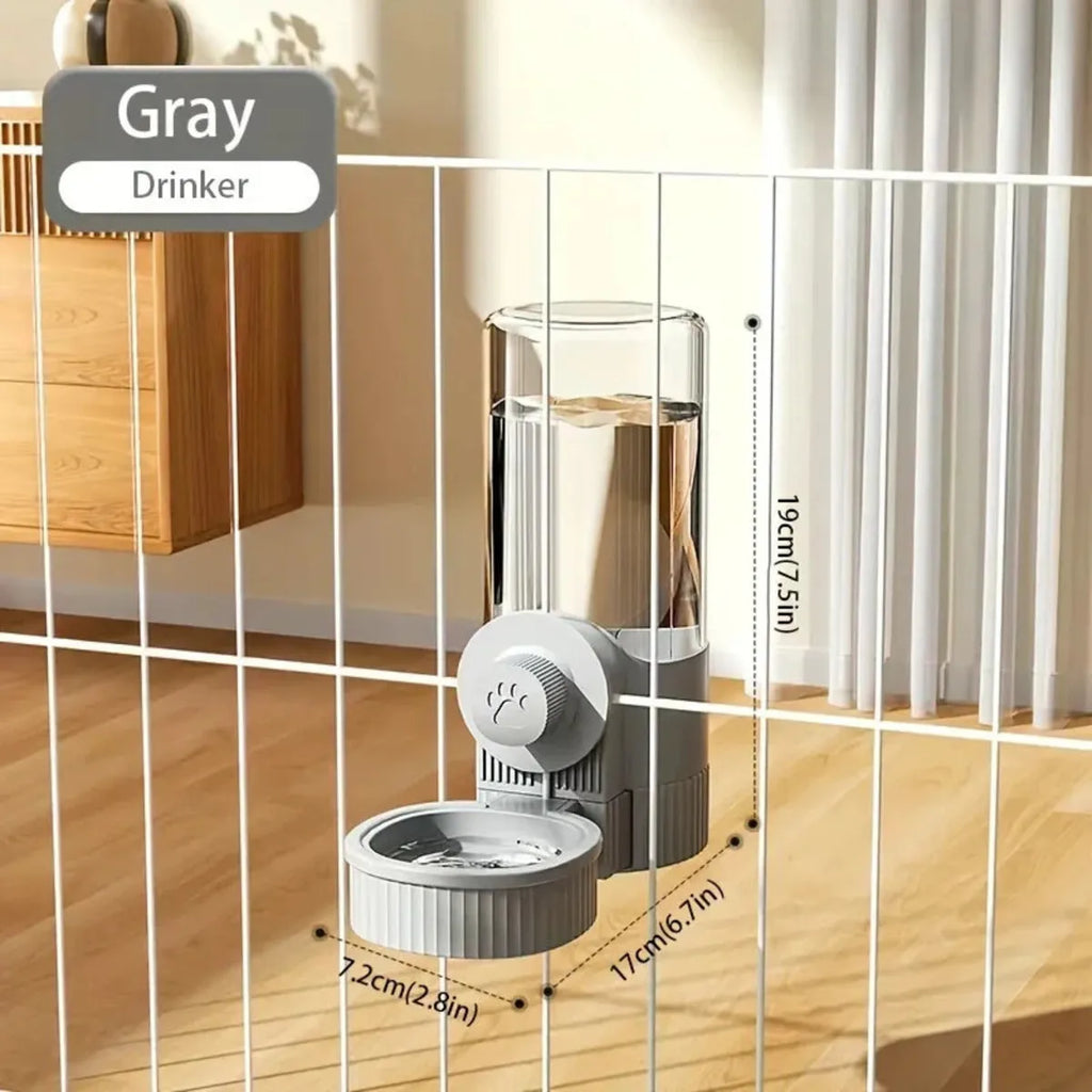 1.2L grey automatic pet feeder and 520ml water dispenser set with hanging cage design for small puppy, cat, or rabbit.