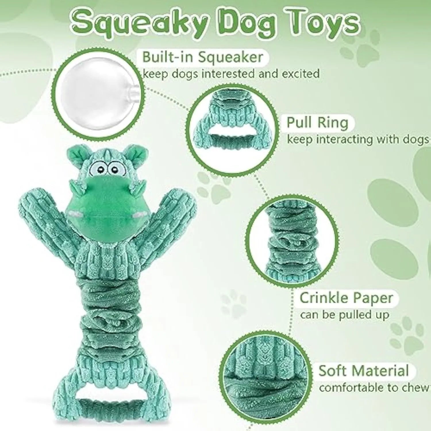 Large plush hippo or monkey dog toy with a handle, shown for interactive squeaky and tug-of-war play.