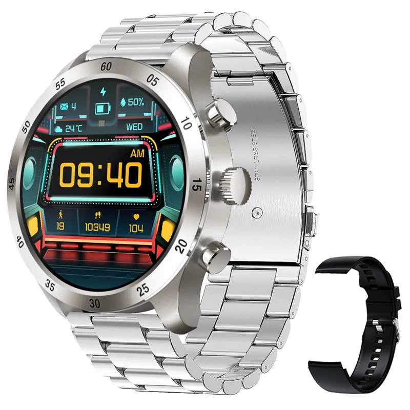 Black steel Bluetooth smart watch for iPhone with heart rate monitor on a wrist