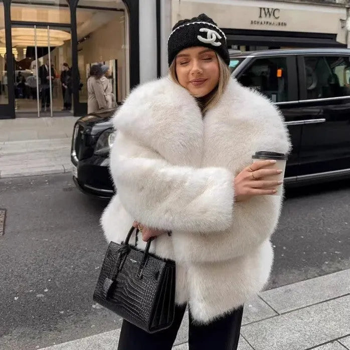 Women's artificial fur coat with large lapel, fluffy texture, side pockets, in high quality black or white