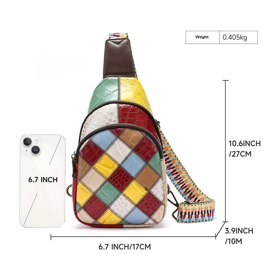 Genuine leather bohemian chest bag 17x10x27cm colour-blocked semicircle square street fashion