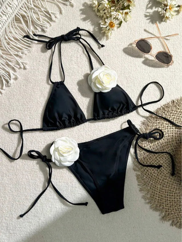 Black 3D flower pattern bikini swimsuit with drawstring waist and backless design