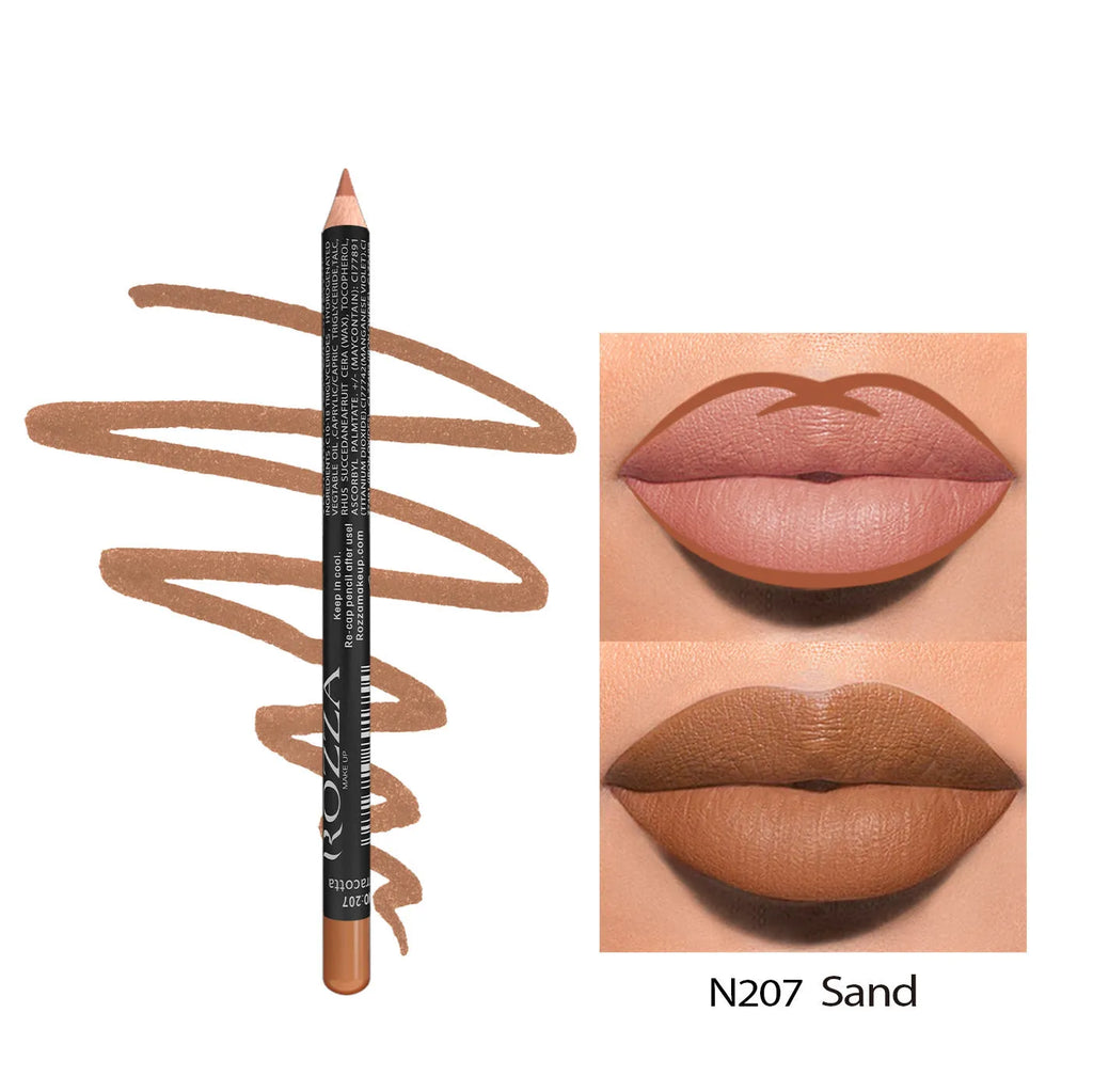 Matte finish lip liner pencil in wood-tone shade showing precise tip for 24-hour wear