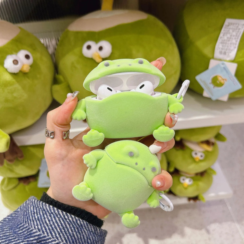 Flocking frog protective cover for AirPods with embossed TPU finish and lanyard in cartoon style
