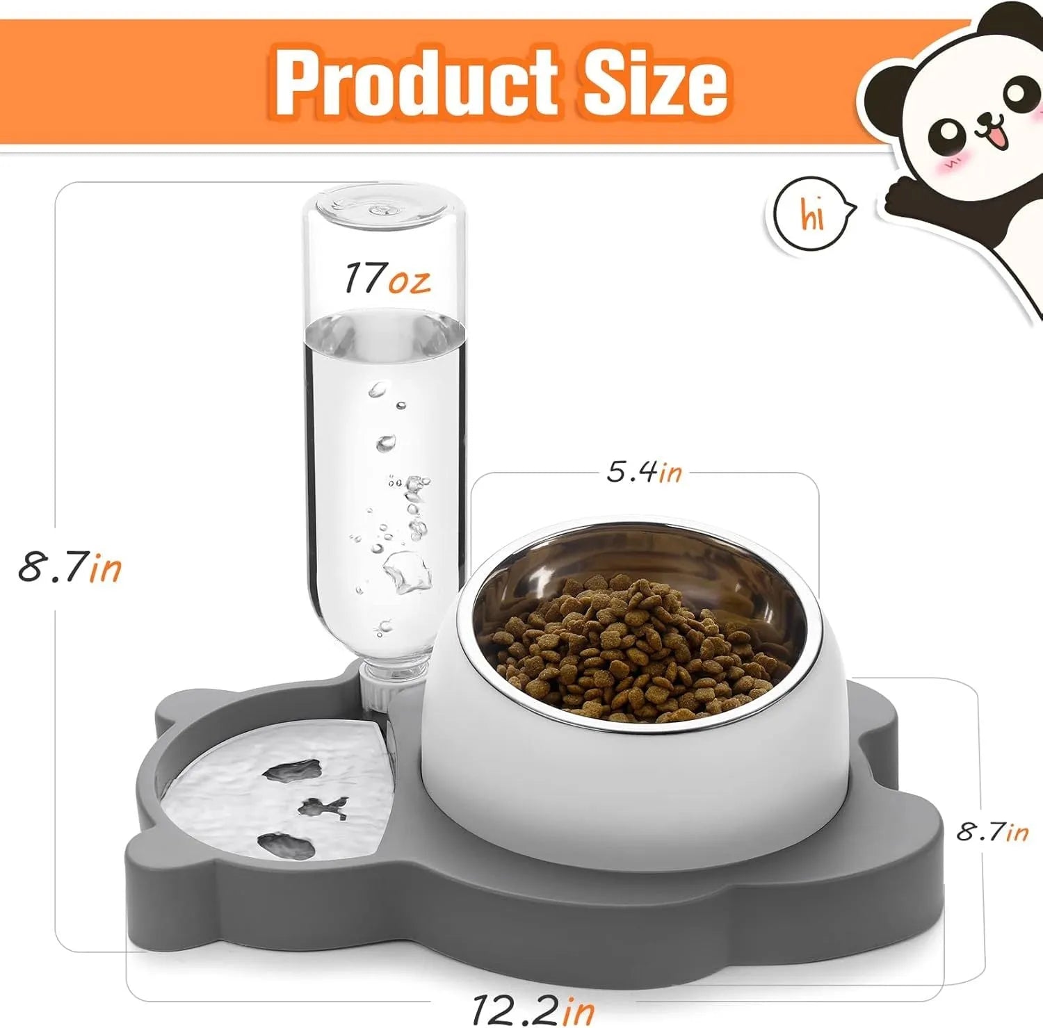 Grey panda-shaped automatic water dispenser and tilted stainless steel feeding bowl set for cats and small dogs