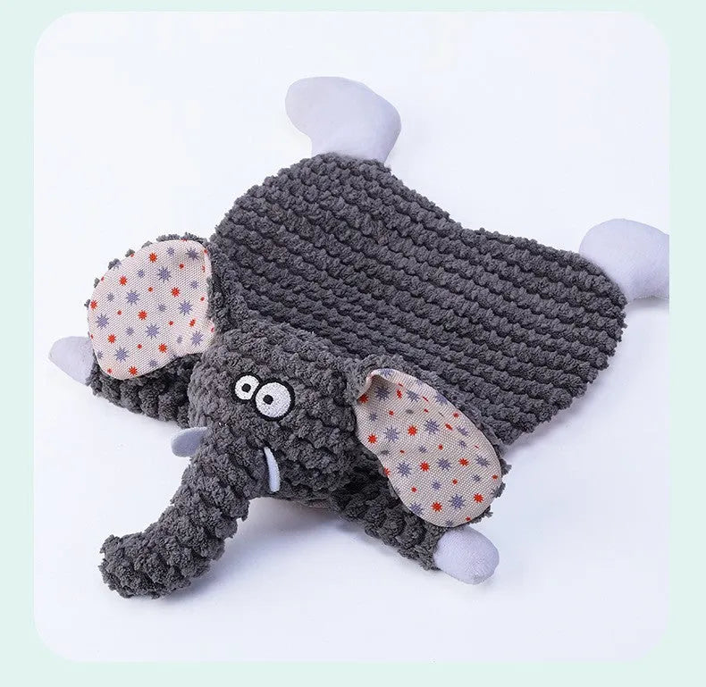 Brown, grey, and orange fox and elephant pet stuffed toys with velvet fabric and sound paper