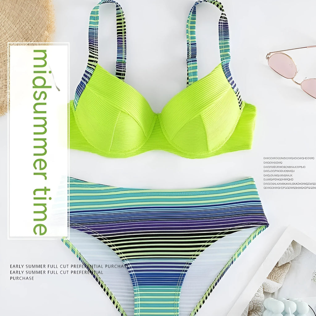 Green printed halter bikini with fashion split design for women