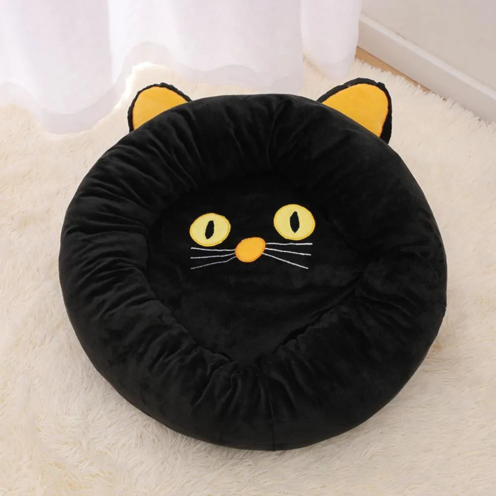 Black cat-shaped velvet pet nest bed with raised edges, shown in small and medium sizes.
