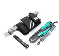Black nylon outdoor dog walking set showing a waist bag, attached leash, and matching dog collar.