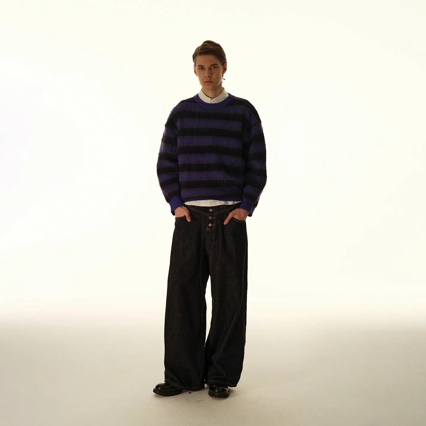 American retro cleanfit striped round neck pullover sweater for men in yellow-orange and blue-black colour options