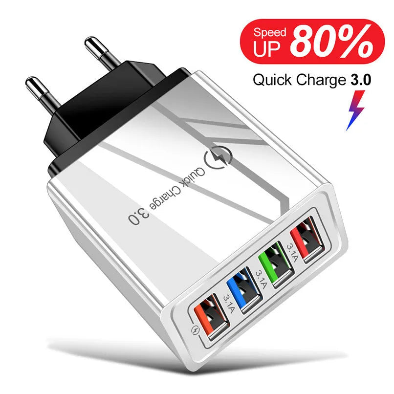 Multi-port USB charging head with four ports, available in black, white, blue, or red, with US flat feet plug shown.