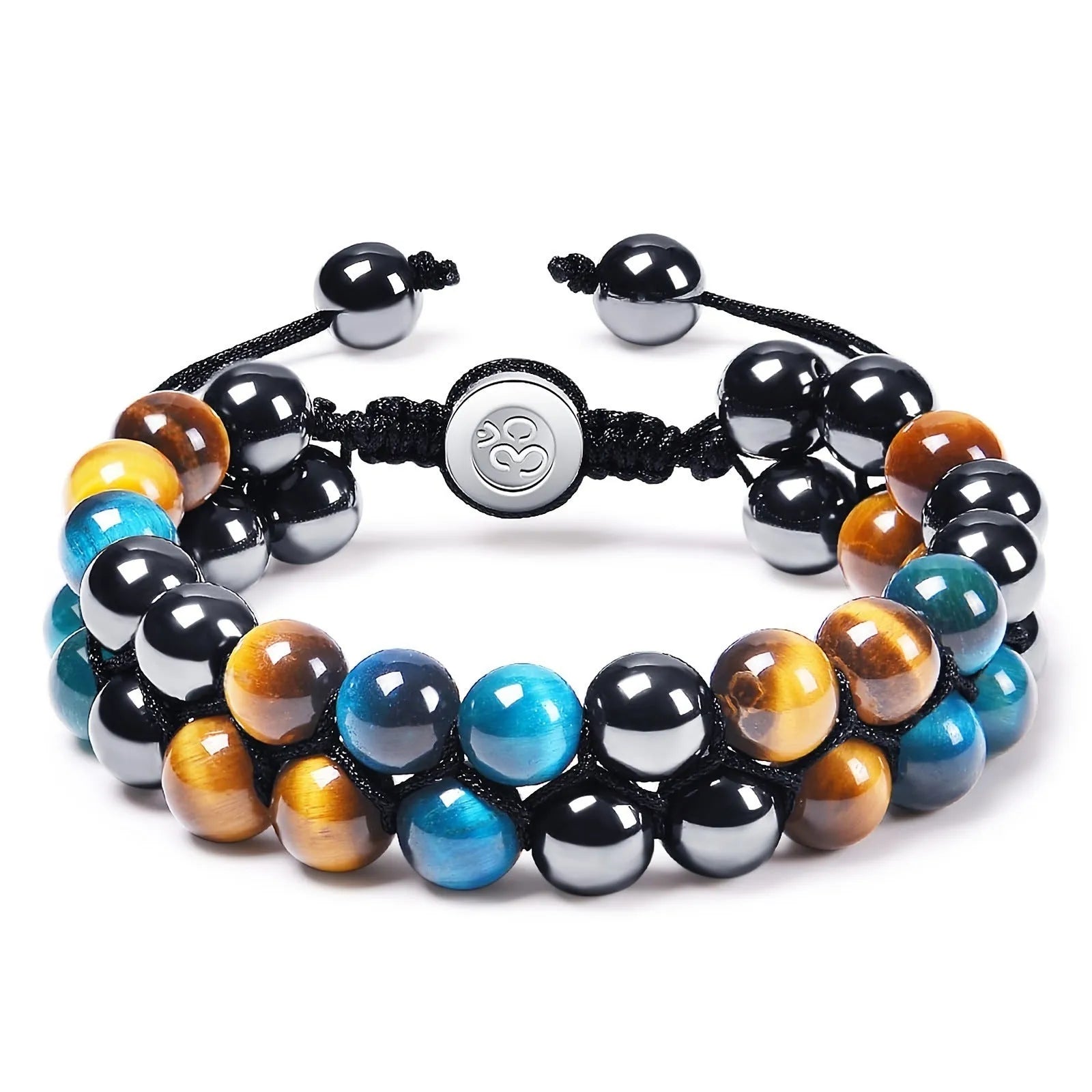 Handmade Tiger's Eye and alloy bracelet with auspicious elephant charms on wrist.