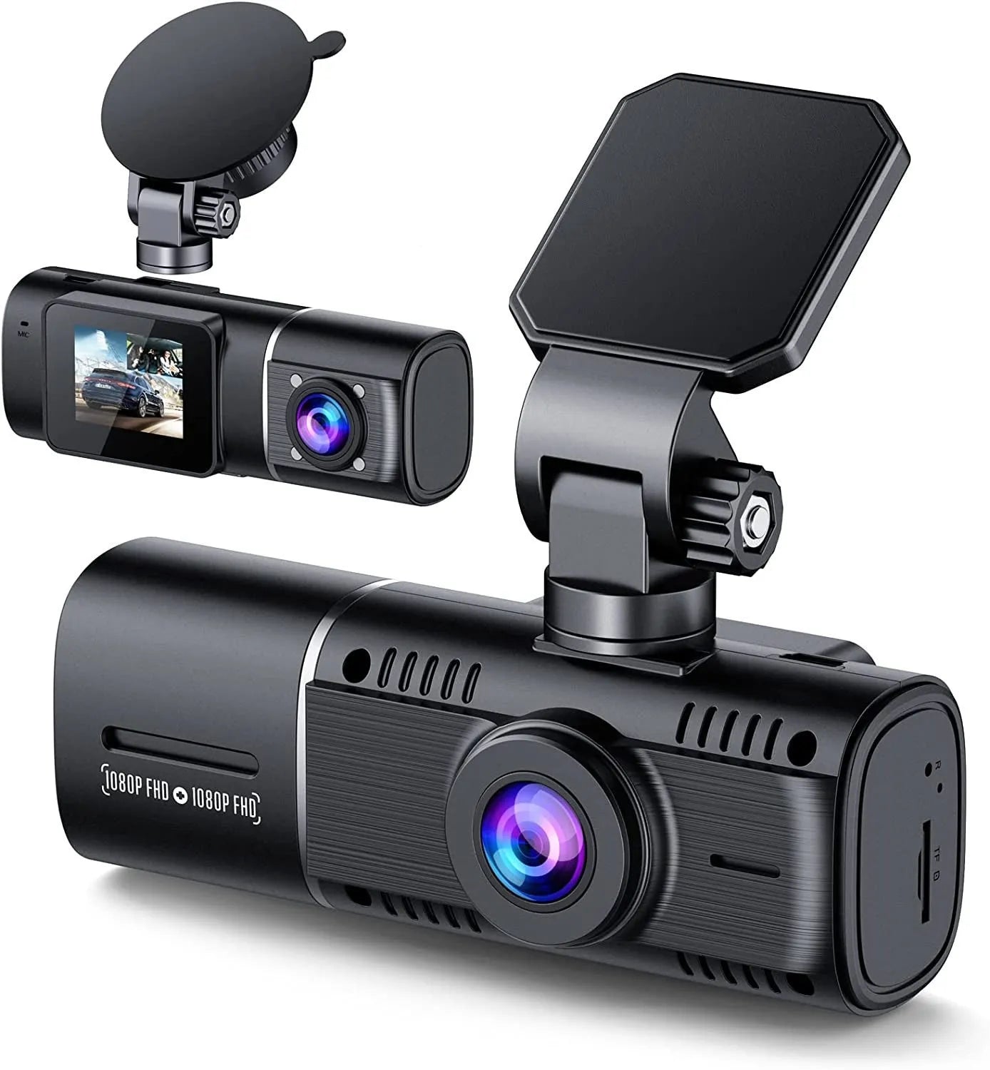 Black dual-channel car dash cam on windscreen mount with rear camera cable.