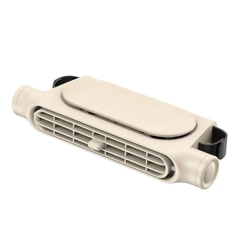 Creative New USB plug-in bladeless car fan with Velcro mount in black, white, or beige, showing manual control button.