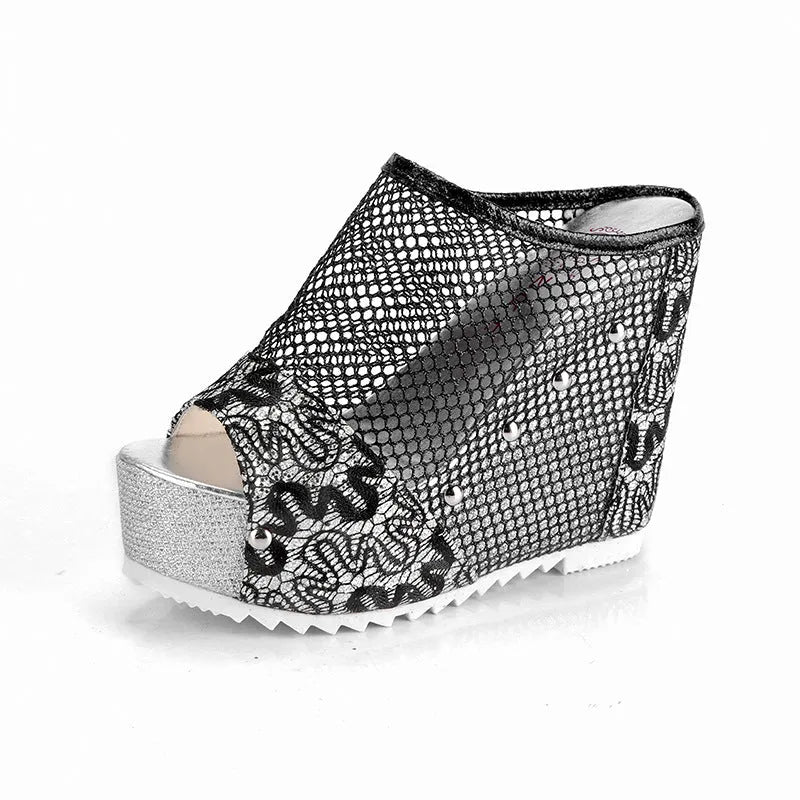 Korean chunky heel platform flip flops with hollowed-out heel design in black, silver, and gold colours