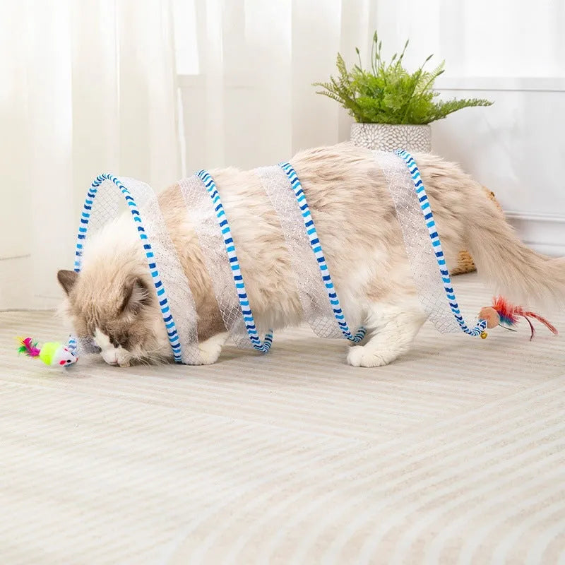 Blue cat tunnel and long pole teasing stick with feather attachments for cat play.