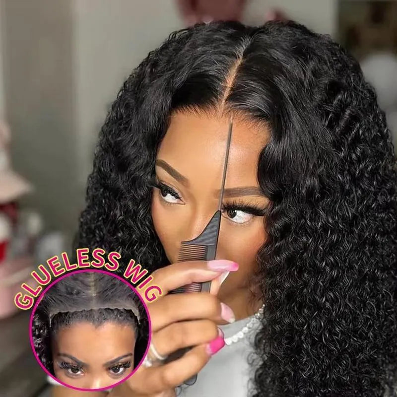 Glueless deep wave lace wig 13x4 K silk long straight black hair with bangs on mannequin