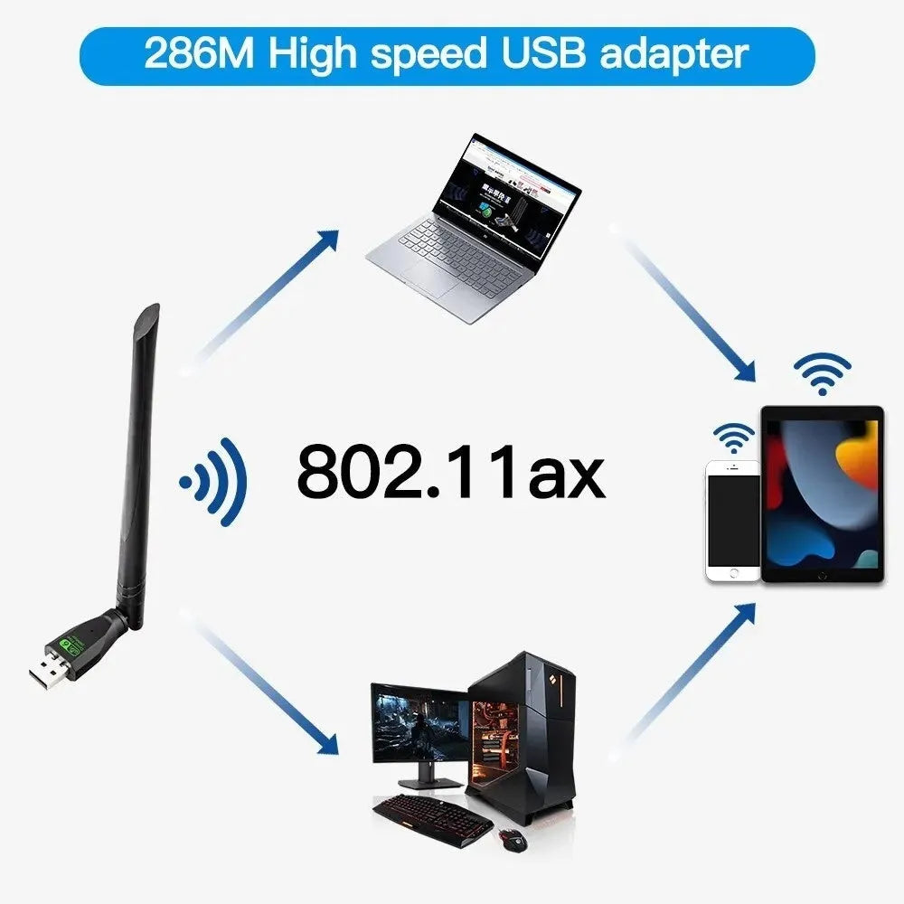 Black USB WiFi 6 wireless network card for desktop and laptop computers.