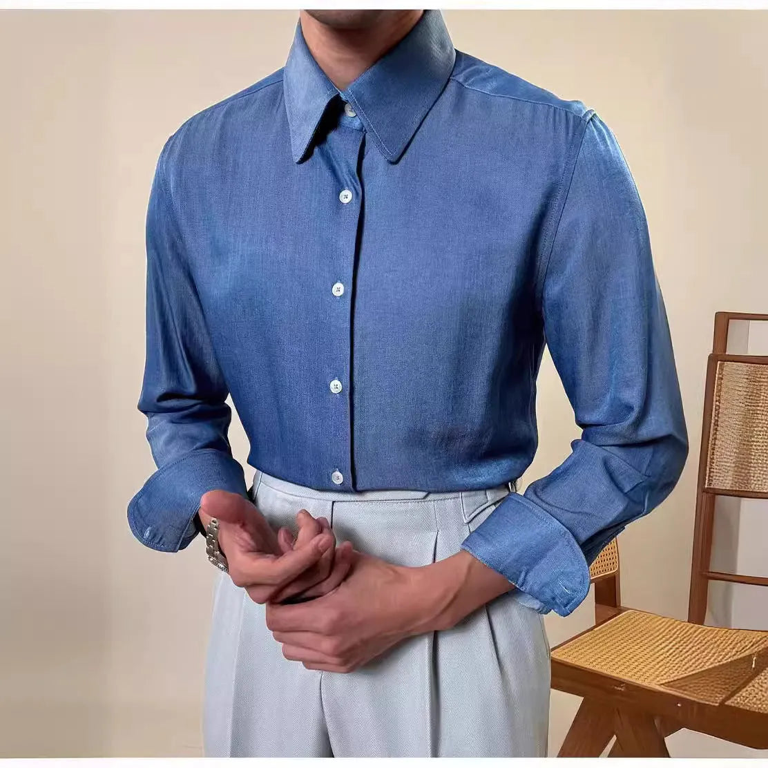 Men's slim fit long sleeve shirt in blue with round collar for business casual wear