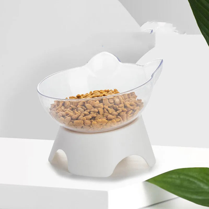 Plastic pet bowl with high feet and non-slip base, oblique mouth shape, transparent double bowl or white colour option